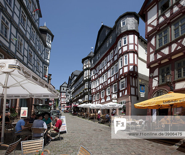 Marketplace with restaurants  view on the Mainzergasse street  old town of Marburg  Hesse  Germany  Europe