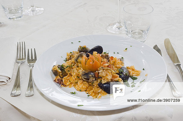 Gedeckter Tisch mit Riso di Mare  Reis mit Meeresfrüchte  Restaurant Paradiso al Mare  Forte dei Marmi  Toskana  Italien  Europa
