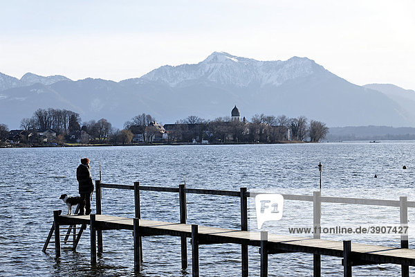 Woman standing on a pier with a dog  Lake Chiemsee  St Irmengard Benedictine abbey at back  Fraueninsel island  Chiemgau  Upper Bavaria  Germany  Europe