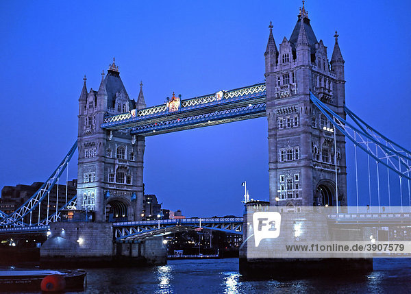 Tower Bridge over the River Thames at dusk  blue hour  London  England  United Kingdom  Europe