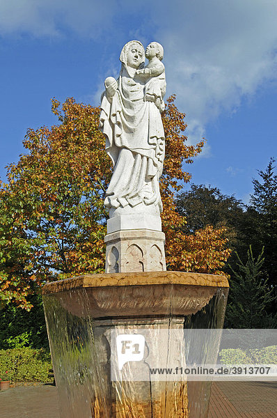 Heilige Maria, Statue, Brunnen, Sankt Mariae Himmelfahrt, Wallfahrtskirche, Marienbaum, Xanten, Niederrhein, Nordrhein-Westfalen, Deutschland, Europa