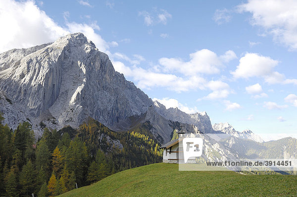Small Chapel on a mountain pasture  Halleranger Alm  Kleiner Lafatscher mountain in the back  Karwendel Mountains  Tyrol  Austria  Europe