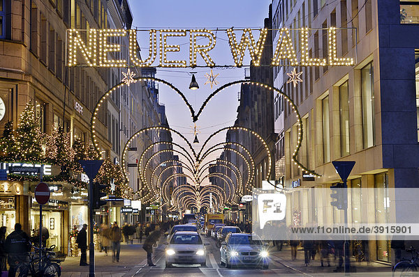 Neuer Wall street with Christmas lights in Hamburg  Germany  Europe