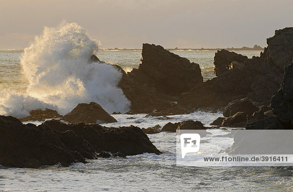 Wellen brechen sich an den Klippen bei Cape Palliser an der Cook Strait  Cookstraße  an der Südspitze der Nordinsel  Neuseeland