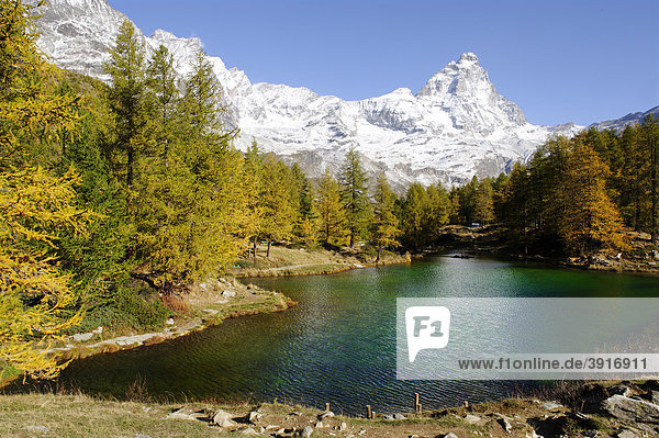 Matterhorn  4478 m  über dem Blauen See bei Breuil-Cervinia  Val Tournenche  Aostatal  Piemont  Italien  Europa
