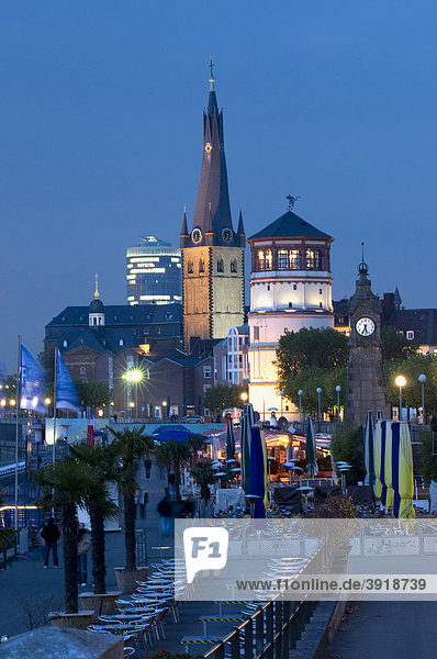 Rhine river waterfront with Lambertus Basilica and castle tower  state capitol Duesseldorf  North Rhine-Westphalia  Germany  Europe