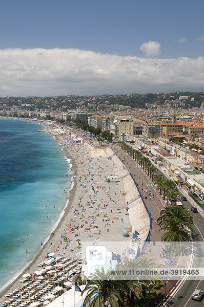 View of Nice and the beach from the castle mountain Colline du Chateau Nice Cote d'Azur Provence France Europe