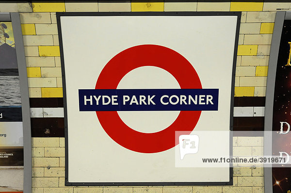 Underground Logo On Hyde Park Corner Station Subway Sign London England United Kingdom Europe