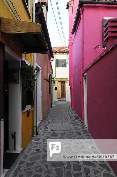 Gasse mit farbigen Häusern  Burano  Venedig  Venetien  Italien  Europa