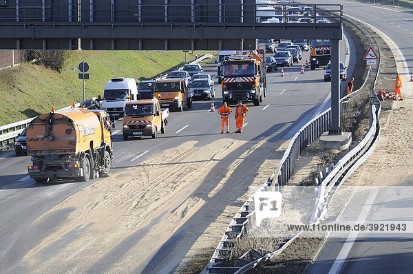 Cleaning-up operations after truck accident on the A 8 autobahn Stuttgart Baden-Wuerttemberg Germany Europe