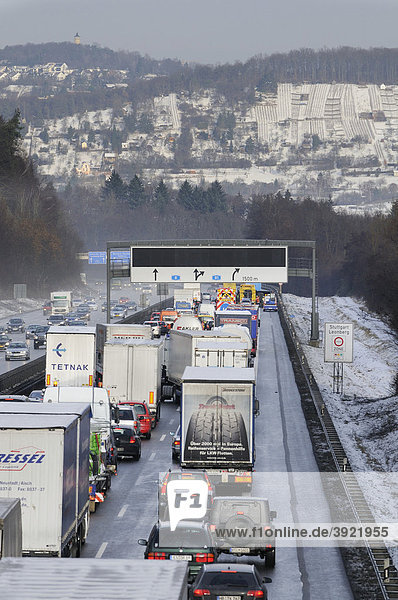 Traffic jam after an accident on the A81 highway in Leonberg  Baden-Wuerttemberg  Germany  Europe