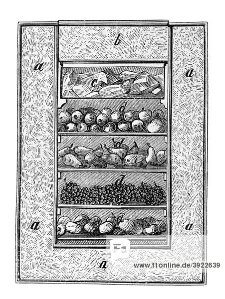 Fruit preservation box  historical illustration from: Marie Adenfeller  Friedrich Werner: Illustrated cooking and housekeeping book  Friedrichshagen 1899-1900  p. 652  Fig 740