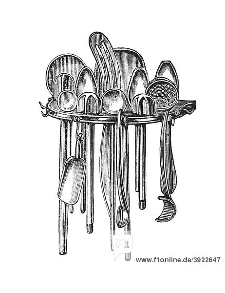 Ladle board with ladles  historical illustration from: Marie Adenfeller  Friedrich Werner: Illustrated cooking and housekeeping book  Friedrichshagen 1899-1900  p. 441  Fig 556