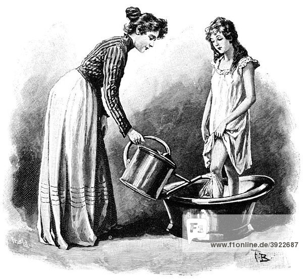 Knee shower  historical illustration from: Anna Fischer Dueckelmann: The woman as a family doctor  2nd edition  Stuttgart  1907  p. 324  Fig 183