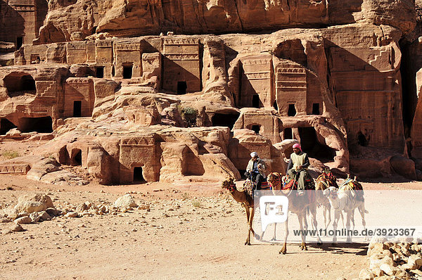 Beduinen auf Kamelen in der Nabatäerstadt Petra  UNESCO-Weltkulturerbe  bei Wadi Musa  Jordanien  Naher Osten  Orient