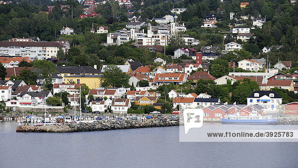 Typisch norwegische Häuser am Oslofjord  Norwegen  Skandinavien  Nordeuropa