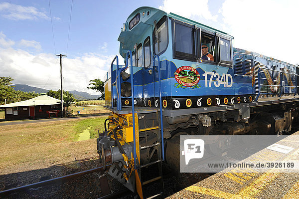 Diesellokomotive und Waggons  Kuranda Scenic Railway  historischer Bahnhof  Freshwater Station  Cairns  Queensland  Australien
