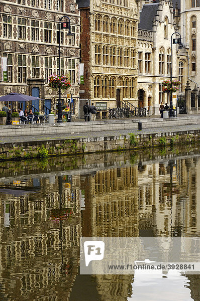 Water reflections of the guild houses at Leie River  Ghent  Flanders  Belgium  Europe