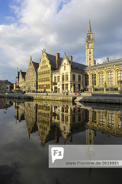 Water reflections of the guild houses at Leie River  Ghent  Flanders  Belgium  Europe
