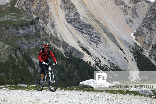 Mountain bike rider on the Limo Pass in Fanes-Sennes-Prags Nature Park  Trentino  Alto Adige  Italy  Europe