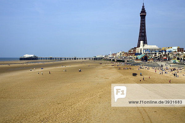 Blackpool Beach  North Pier and Tower  Lancashire  England  United Kingdom  Europe