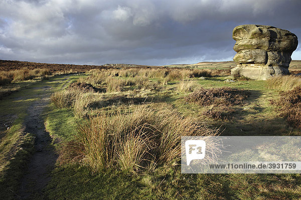 Eagle Stone Sandsteinblock  Baslow Edge  Derbyshire  England  Vereinigtes Königreich  Europa
