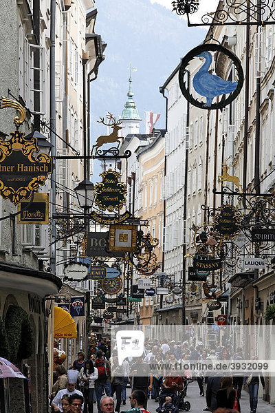 Historic old town lane with wrought-iron shop signs  Getreidegasse alley  Salzburg  Austria  Europe