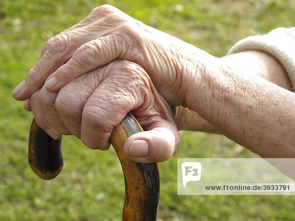 Hands of an old woman on a walking stick