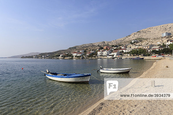 Beach and boat  Metajna  Pag island  Dalmatia  Adriatic Sea  Croatia  Europe