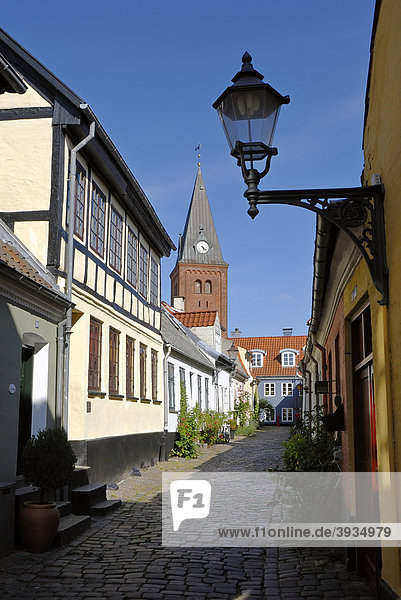 Cobblestone street in the historic town of Aalborg  _lborg  in the back the Frue Kirke church  Nordjylland region  Denmark  Scandinavia  Europe