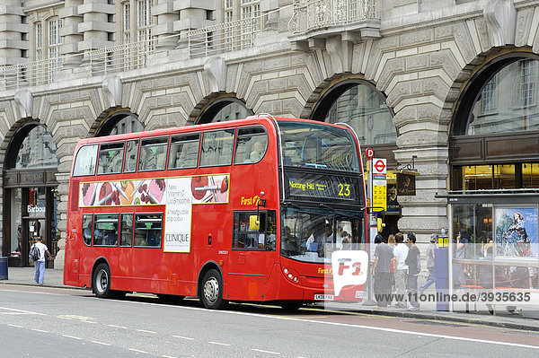 Modern double-decker bus  Routemaster  in London City  England  United Kingdom  Europe