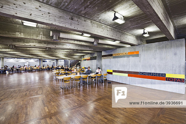 Cafeteria in the library building of the HSG University of St. Gallen with wall art  Switzerland  Europe