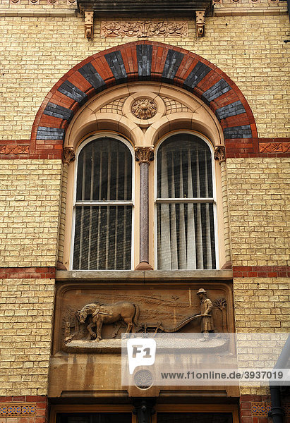 Ländliche Szene als Relief mit Fenster am ehemaligen Kornhaus  Handelshaus  Cambridge  Cambridgeshire  England  Großbritannien  Europa