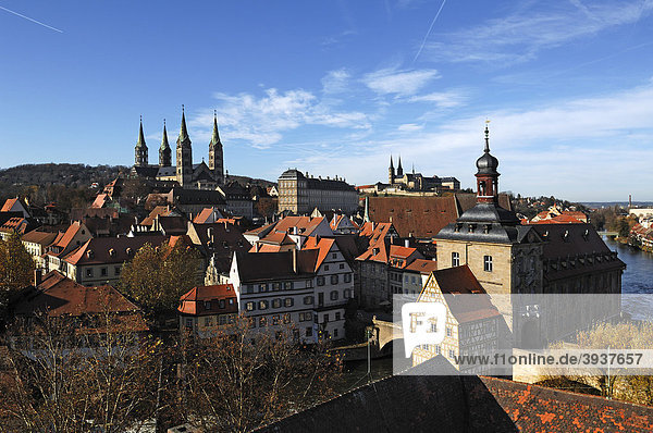 View from the tower of Geyerswoerth Schloss Geyerswoerth castle  Geyerswoerthstrasse 1  on the city with the cathedral left  Neue Residenz palace  in the back the St. Michael church and in the right front the old town hall  Bamberg  Upper Franconia  Bavaria  Germany  Europe