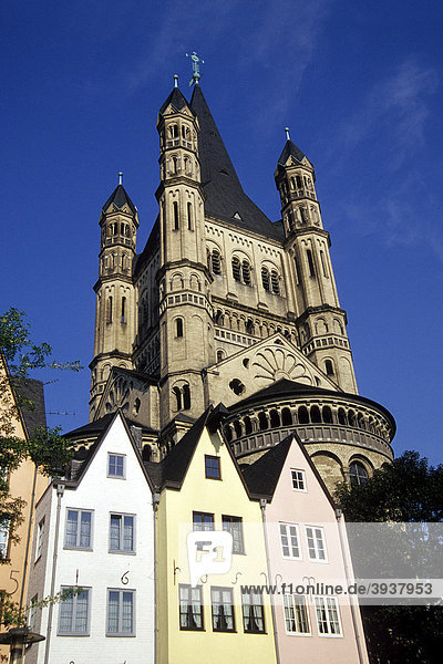 Mittelalterliche Wohnhäuser am Fischmarkt  Frankenwerft  dahinter Kirche Groß St. Martin  Altstadt  Köln  Nordrhein-Westfalen  Deutschland  Europa