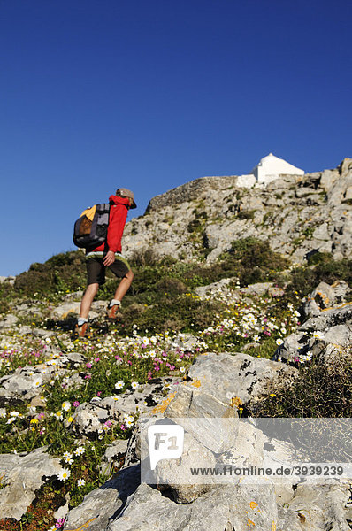 Hiker  hiking tour near Filoti  Aghios Ioannis  Naxos  Cyclades  Greece  Europe