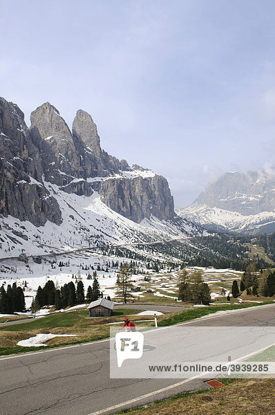 Tourenradfahrer am Grödnerjoch  Dolomiten  Südtirol  Italien  Europa