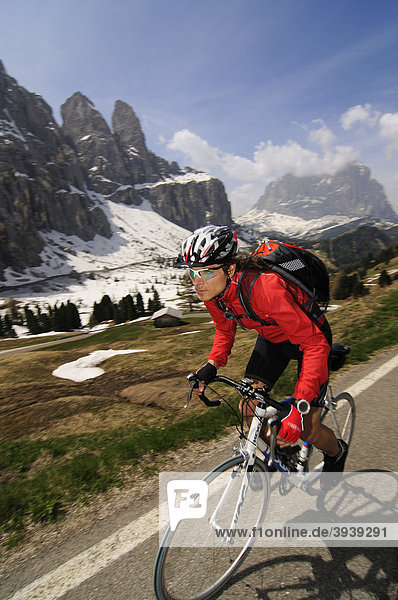 Bike racer at the Passo Gardena  Gardena Pass  South Tyrol  Italy  Europe