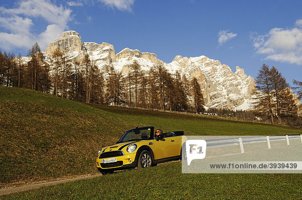 Mini Cooper a Alta Badia  Alpine pass  South Tyrol  Italy  Europe