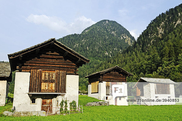 Alte Heuschober im Dorf Bondo am Wanderweg Via Bregaglia  Tal des Bergell  Val Bregaglia  Engadin  Graubünden  Schweiz  Europa