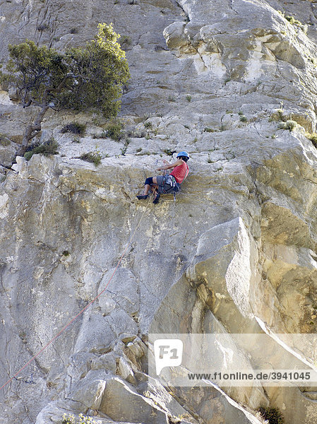 Climbers on the Punta Carrodi pinnacle  Gulf of Orosei  east coast of Sardinia  Italy  Europe