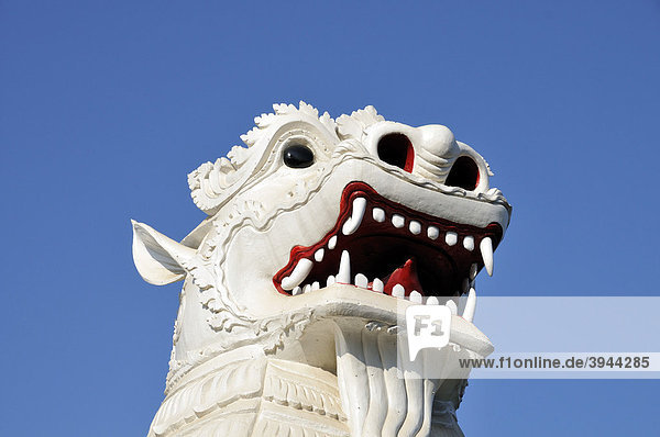 Mythical lion statue  Chinthe  in front of the ascent to the Mandalay Hill  Mandalay  Burma  Myanmar  Southeast Asia
