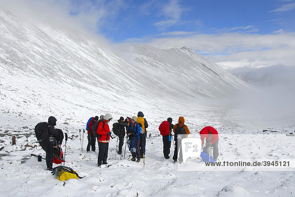Trekking tourism  group of hikers in the snow  looking down into the valley  fresh fallen snow  Chitu-La Pass 5100 m  an old pilgrims' path through the high mountains of the Ganden Monastery to Samye  Himalayas  Tibet Autonomous Region  People's Republic of China  Asia