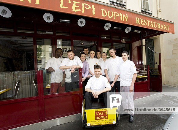 Service crew from the L'Epi Dupin restaurant  head chef Francois Pasteau seated in a wagon  6th Arrondissement  Paris  France  Europe