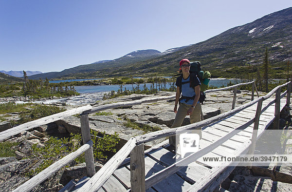 Young woman hiking  backpacking  crossing a wooden bridge  hiker with backpack  historic Chilkoot Pass  Chilkoot Trail  Deep Lake behind  Yukon Territory  British Columbia  B. C.  Canada