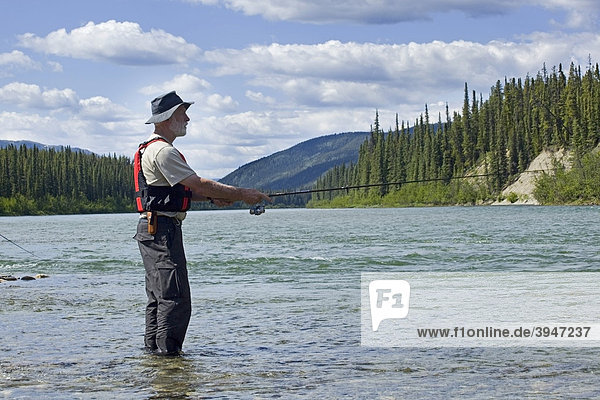 Mann angelt im oberen Liard River Fluss  steht im seichten Wasser  hinten Berge  Yukon Territory  Kanada