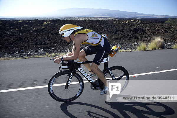 The German professional triathlete Timo Bracht on the bike course of Ironman Triathlon World Championship in Kona  Hawaii  USA