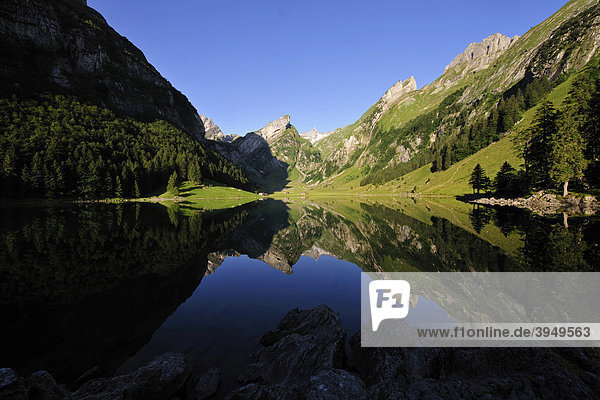 Seealpsee mitten im Alpsteingebirge mit dem Säntis hinten  Kanton Appenzell  Schweiz  Europa