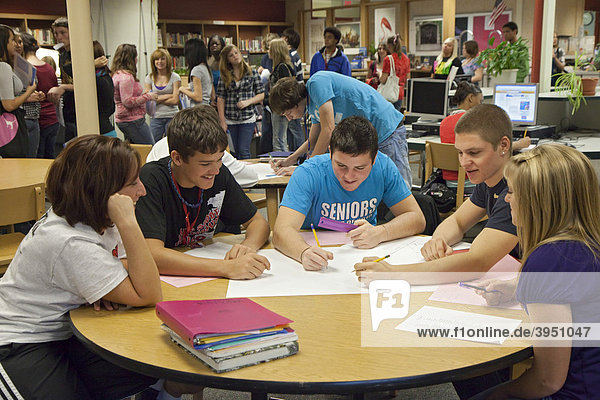 Students work on a project in the media center  library  at Lake Shore High School  St. Clair Shores  Michigan  USA