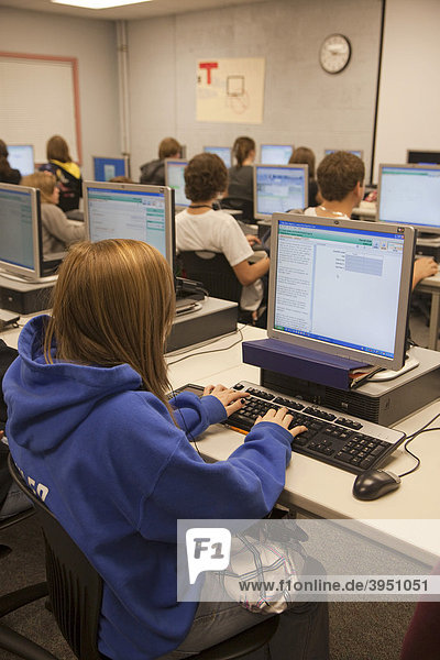 Schüler arbeiten an Computern im Medienzentrum  Bibliothek  an der Lake Shore High School  St. Clair Shores  Michigan  USA